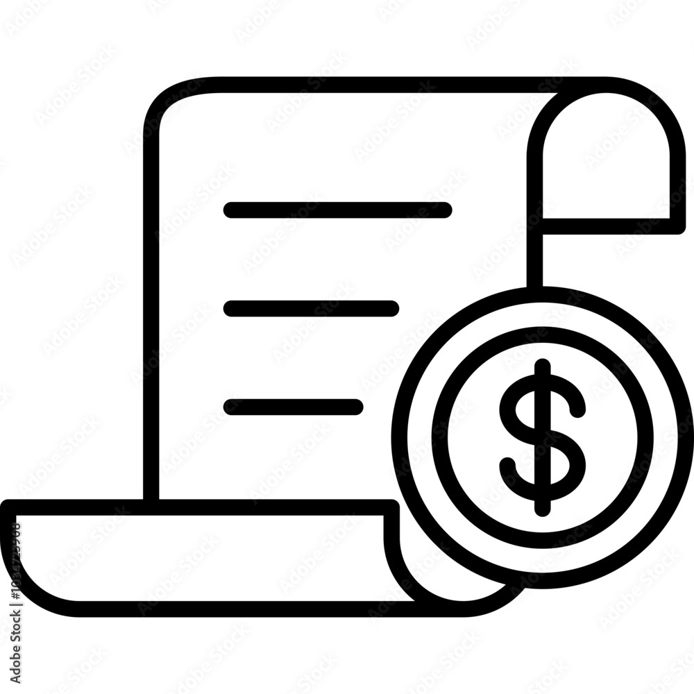 Black outline icon of a document with a dollar symbol, representing a financial statement, invoice, or billing. Black outline icon of a document with a dollar symbol, representing a financial statement, invoice, or billing.