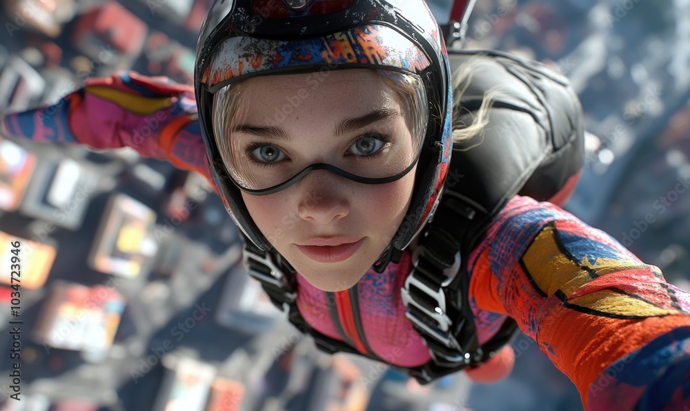 Colorful freedom: A girl soaring through the sky while parachuting, surrounded by vibrant colors that reflect her adventurous spirit and the exhilarating experience of flying high above the world. Colorful freedom: A girl soaring through the sky while parachuting, surrounded by vibrant colors that reflect her adventurous spirit and the exhilarating experience of flying high above the world.