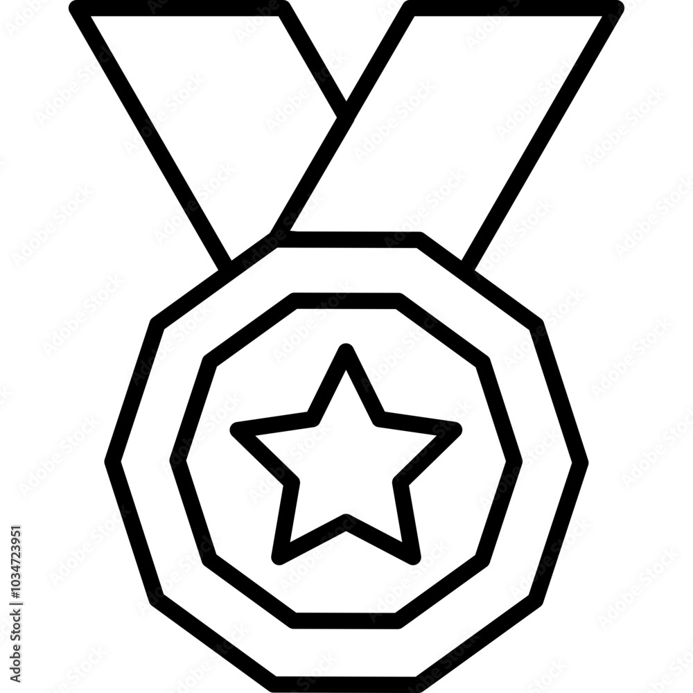 Black line vector icon of a medal with a star in the center, hanging from a ribbon. outline icon, This icon represents achievement, award, excellence, or victory. Black line vector icon of a medal with a star in the center, hanging from a ribbon. outline icon, This icon represents achievement, award, excellence, or victory.