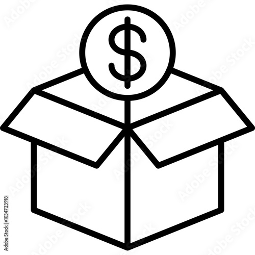 Black line vector icon of an open box with a dollar symbol on top, representing concepts of financial packages, pricing, value, or economic transactions.