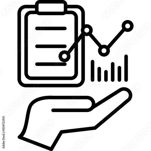 a hand holding a clipboard with a chart and bar graph, representing data analysis or reporting. Business analysis icon vector illustration, Marketing Research icon
