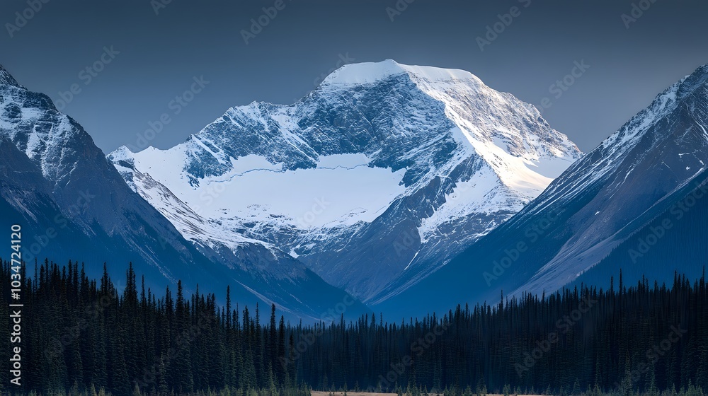 Fototapeta premium Majestic Mountain Peak with Snow Covered Summit and Evergreen Forest