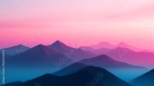 Serene mountain range at twilight with a gradient sky showcasing shades of pink and purple over layered peaks, conveying peace and tranquility.