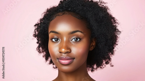 Young African American woman with curly hair in a close-up portrait against a pink background, radiating confidence and beauty, celebrating diversity and individuality in contemporary portraiture.