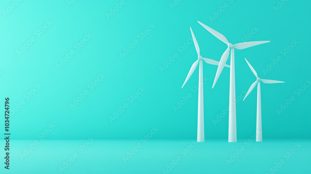 Three modern wind turbines on a vibrant turquoise background, symbolizing clean energy and sustainability. Three modern wind turbines on a vibrant turquoise background, symbolizing clean energy and sustainability.