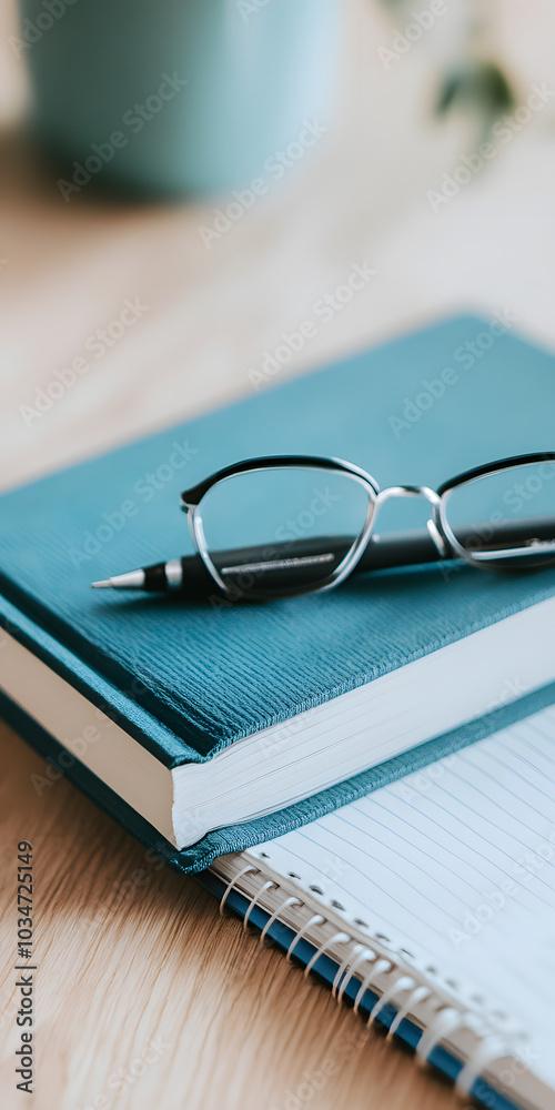 Pilha de livros de negócios e um caderno sobre uma mesa Pilha de livros de negócios e um caderno sobre uma mesa