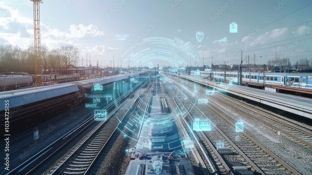 Fototapeta premium Smart railway construction incorporating AI-driven machinery and sensors for optimized project management.