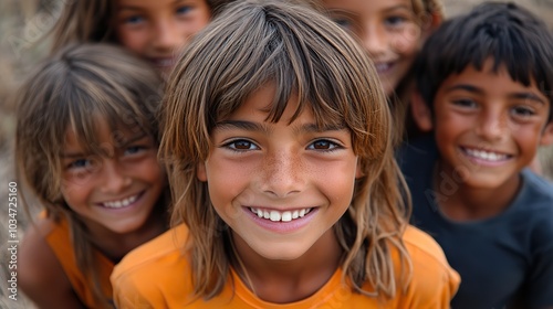 diverse group of joyful boys and girls playing outdoors capturing the essence of happy childhood filled with laughter and fun.stock image