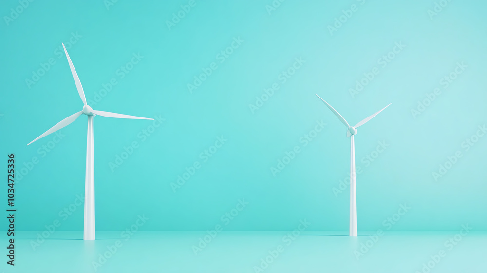Two elegant wind turbines standing against a soft teal background, symbolizing renewable energy and sustainability.