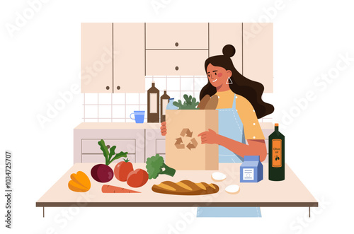 Woman with food at kitchen. Young girl with package of natural and organic products. Fresh vegetables and bun. Cooking and food preparation. Flat vector illustration isolated on white background