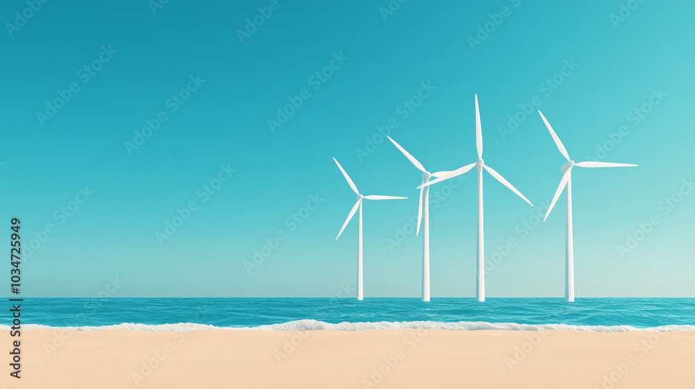 Wind turbines along a sandy beach, clear blue sky, peaceful ocean waves, sustainable energy source, modern technology embracing nature. Wind turbines along a sandy beach, clear blue sky, peaceful ocean waves, sustainable energy source, modern technology embracing nature.