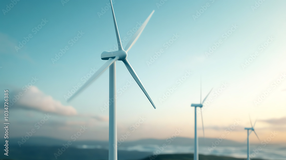 Obraz premium Wind turbines in a serene landscape, showcasing renewable energy and environmental sustainability against a clear blue sky.