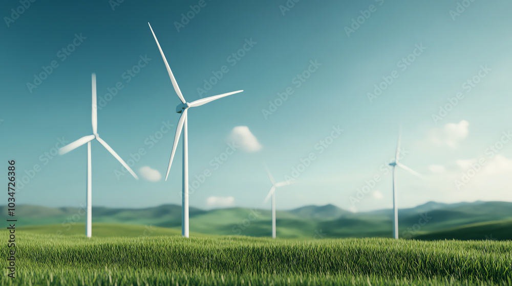 Wind turbines in a lush green landscape under a clear blue sky, representing renewable energy and sustainable practices. Wind turbines in a lush green landscape under a clear blue sky, representing renewable energy and sustainable practices.