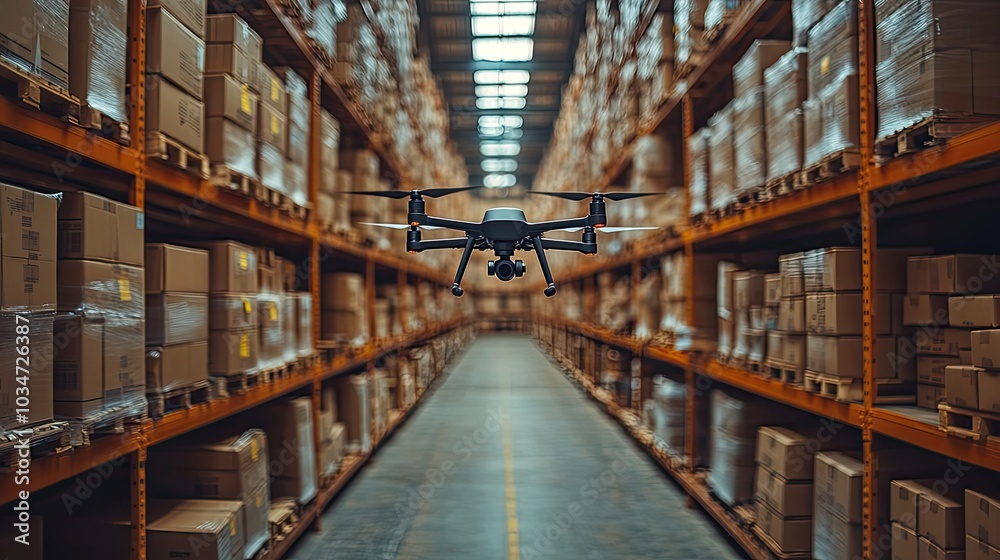 drone navigating warehouse with shelves full of boxes symbolizing automation in micro fulfillment logistics drone navigating warehouse with shelves full of boxes symbolizing automation in micro fulfillment logistics