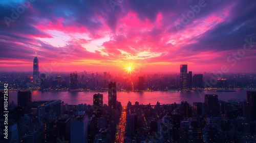 City Skyline with Sunset Sky