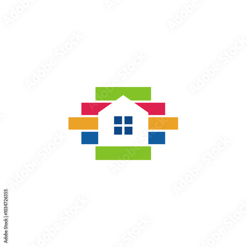 A colorful square logo with a white house in the center.