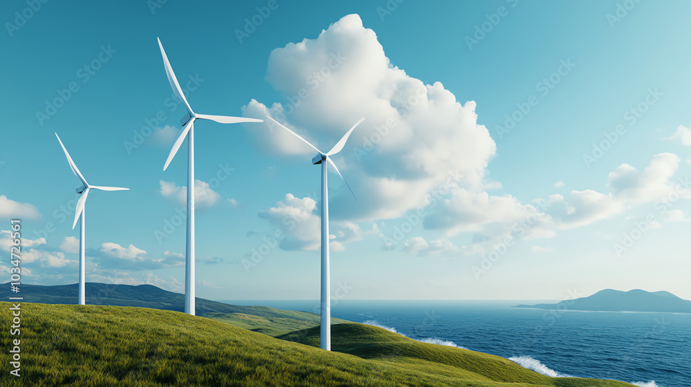 Wind turbines on green hills under a blue sky, promoting renewable energy, sustainability, and eco-friendly technology near the ocean. Wind turbines on green hills under a blue sky, promoting renewable energy, sustainability, and eco-friendly technology near the ocean.