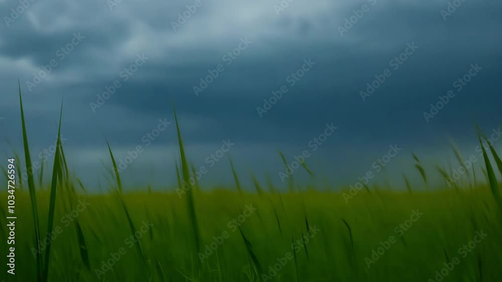 Tall grass sways in the wind under a dark, stormy sky, creating an intense and moody atmosphere in the field. Tall grass sways in the wind under a dark, stormy sky, creating an intense and moody atmosphere in the field.