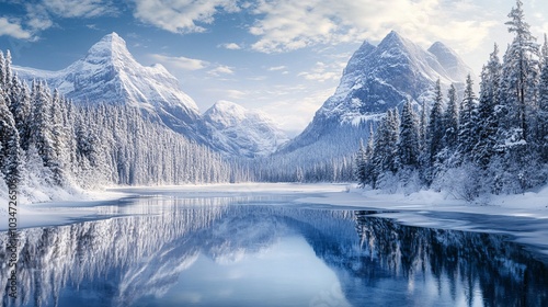 Breathtaking winter landscape featuring snow-capped mountains, a serene lake reflecting the sky, and a peaceful forest of evergreen trees.