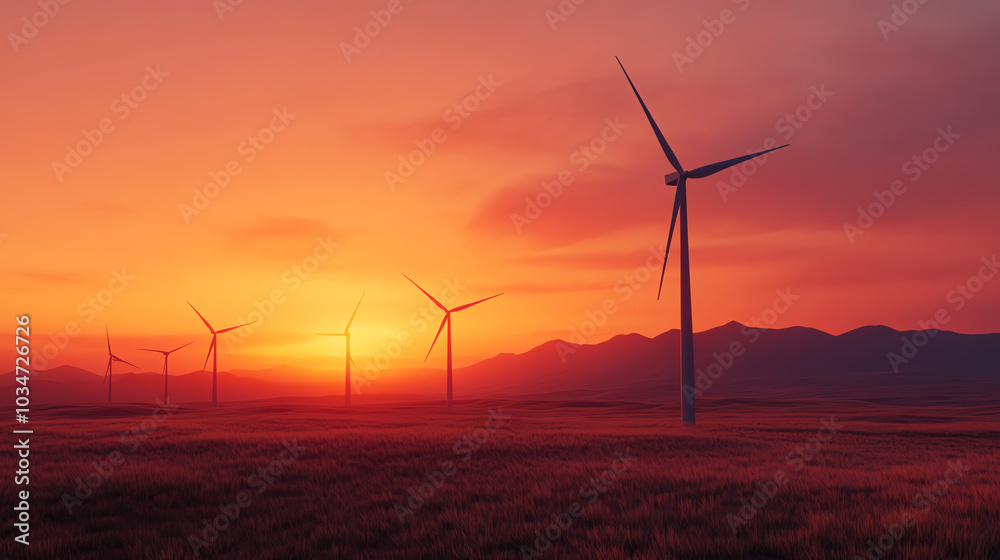 Obraz premium Wind turbines silhouetted against a vibrant sunset, showcasing sustainable energy production and a serene landscape in warm hues.