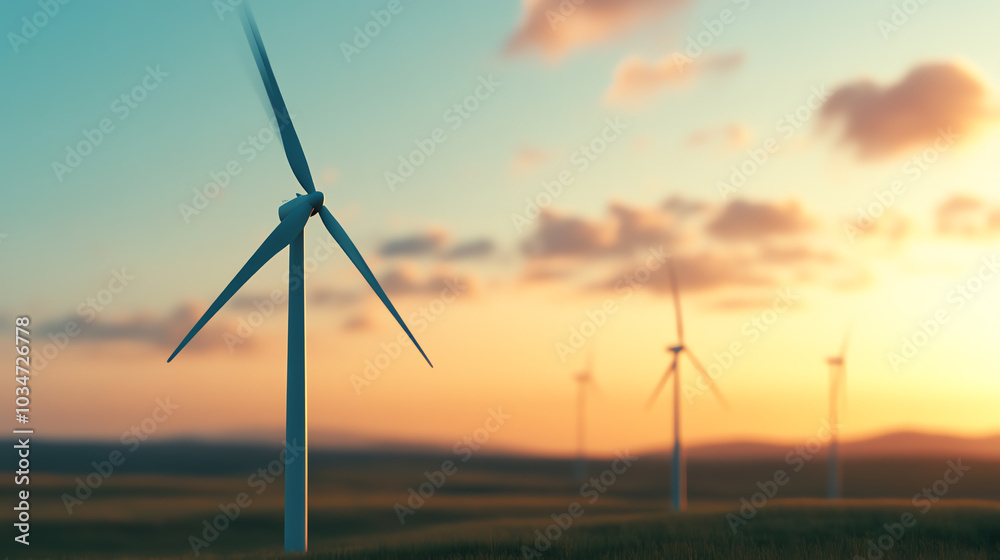 Wind turbines stand against a beautiful sunset, showcasing renewable energy in a serene landscape, highlighting eco-friendly solutions for a sustainable future.