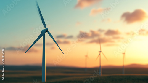 Obraz na płótnie Wind turbines stand against a beautiful sunset, showcasing renewable energy in a serene landscape, highlighting eco-friendly solutions for a sustainable future. w salonie