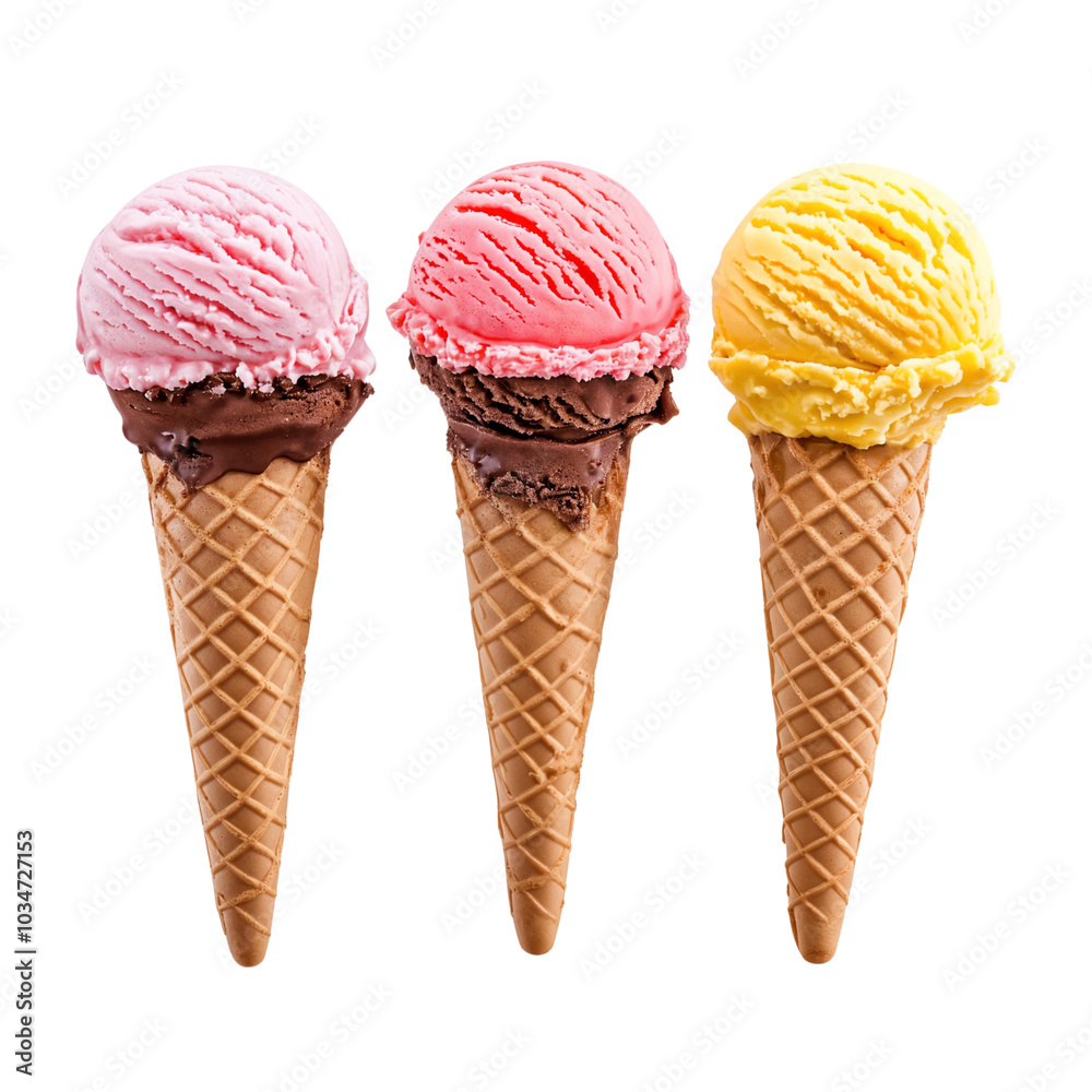 Three assorted ice cream waffle cones in a row with different flavors, isolated on transparent background Three assorted ice cream waffle cones in a row with different flavors, isolated on transparent background