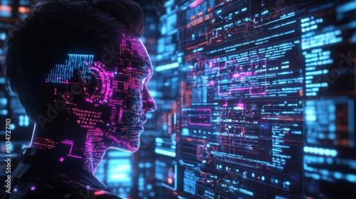 Advanced AI hologram interacting with a human, exchanging glowing data and code, symbolizing mutual learning and intelligence transfer, Digital, Futuristic, Cyan and Magenta