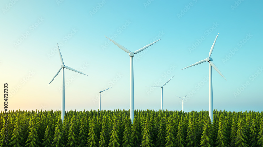 Wind turbines standing tall in a lush green forest against a clear sky, symbolizing renewable energy and sustainability. Wind turbines standing tall in a lush green forest against a clear sky, symbolizing renewable energy and sustainability.