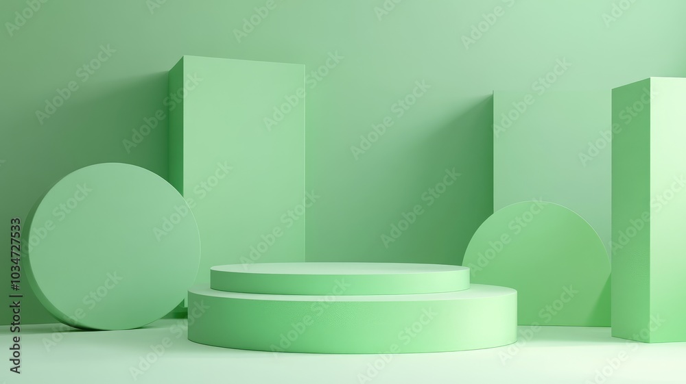 Abstract Green Geometric Shapes with a Circular Podium Abstract Green Geometric Shapes with a Circular Podium