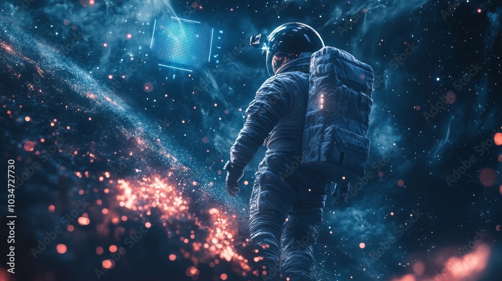 Fototapeta premium An astronaut in space, connected to a floating holographic AI system, symbolizing the future of human exploration empowered by advanced technological assistance