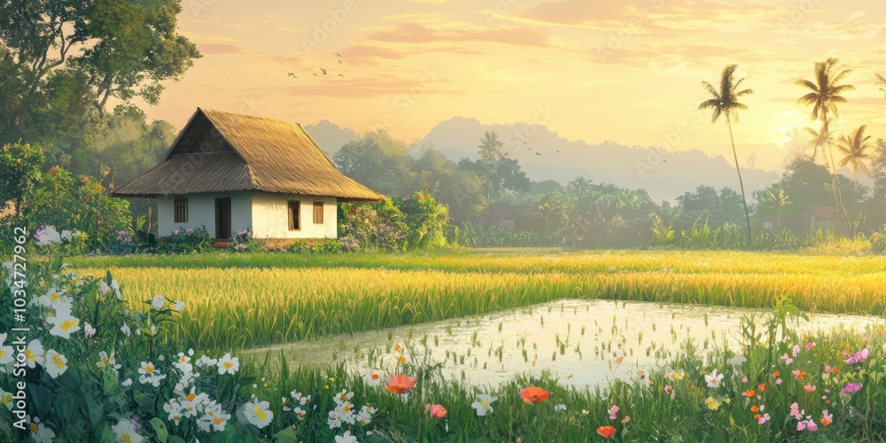 Obraz premium A small house in a field of grass with flowers.