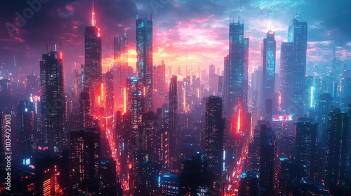 Wallpaper Mural Neon city skyline at dusk. Torontodigital.ca