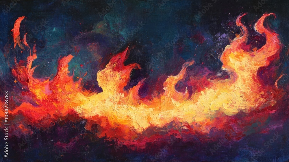 Oil painting featuring a fiery background with dynamic flame effects and vibrant colors Oil painting featuring a fiery background with dynamic flame effects and vibrant colors