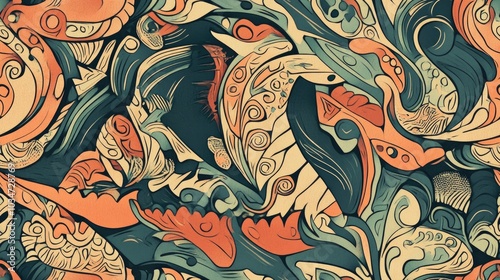 Seamless hand drawn abstract texture featuring a dragon design