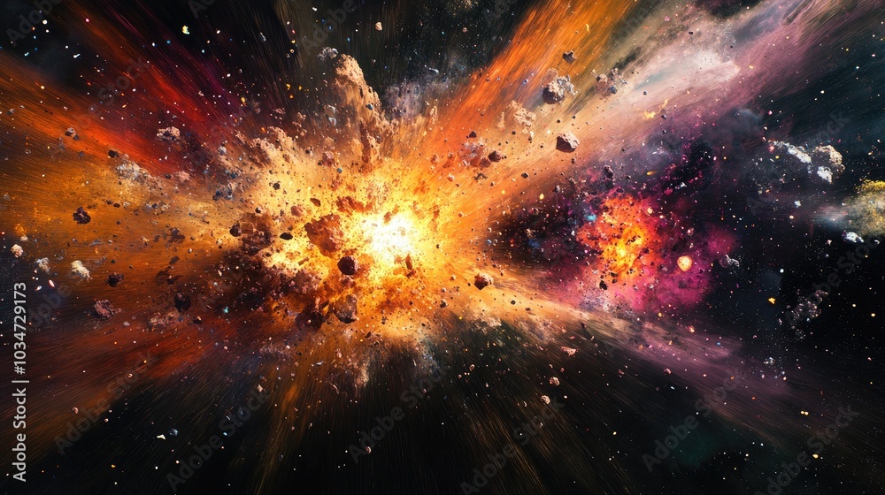 3D cartoon depiction of a Big Bang explosion Time warp in the universe Includes 3D rendering 3D cartoon depiction of a Big Bang explosion Time warp in the universe Includes 3D rendering