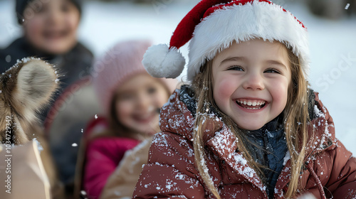 Children are thrilled to see Santa Claus riding a reindeerdrawn sleigh arriving with gifts photo