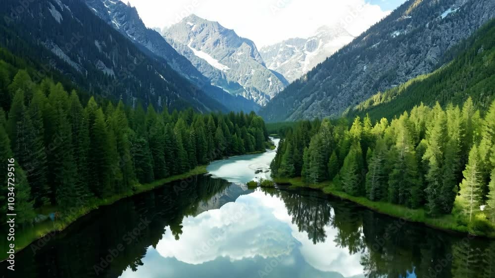 A serene mountain lake surrounded by dense pine forests, reflecting the towering peaks and sky on its calm surface. A serene mountain lake surrounded by dense pine forests, reflecting the towering peaks and sky on its calm surface.