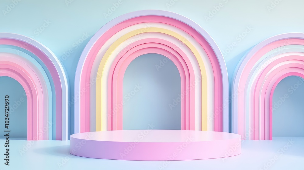 Pastel Rainbow Arches with Pink Cylinder Platform Pastel Rainbow Arches with Pink Cylinder Platform