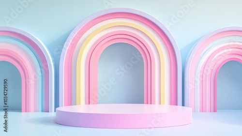 Pastel Rainbow Arches with Pink Cylinder Platform