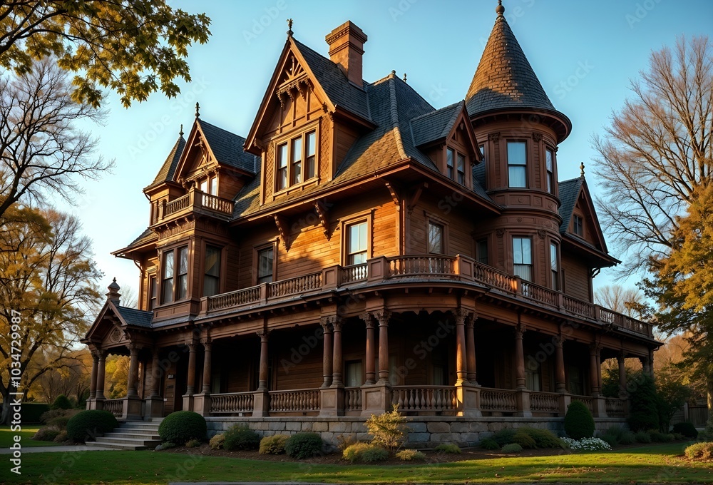 Fototapeta premium Large Victorian House with Stunning Turret Architecture and Intricate Turrets