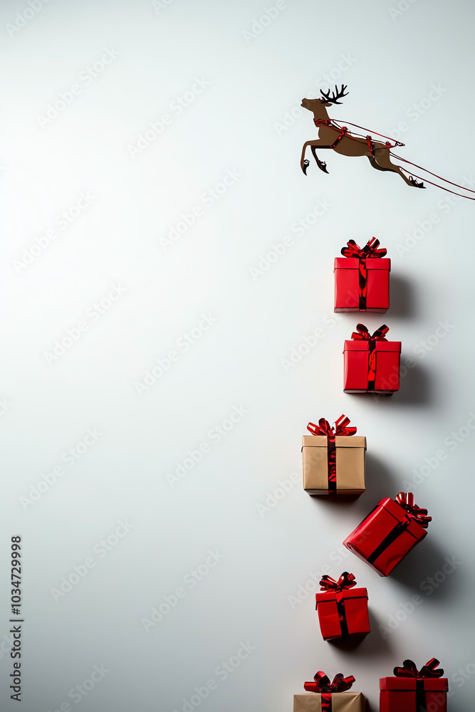 A reindeer runs across the sky pulling a sleigh filled with brightly wrapped gift boxes A reindeer runs across the sky pulling a sleigh filled with brightly wrapped gift boxes
