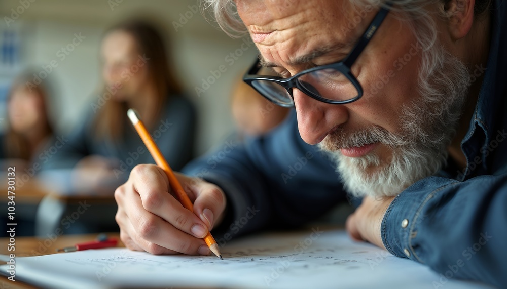 Elderly man writing with a pencil in front of an attentive audience during a discussion session Elderly man writing with a pencil in front of an attentive audience during a discussion session