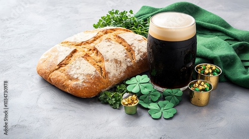 An elegantly styled flat lay of traditional Irish foods and drinks, including a rich brown loaf of soda bread, a pint of dark stout, and a decorative green scarf. The arrangement is complemented by