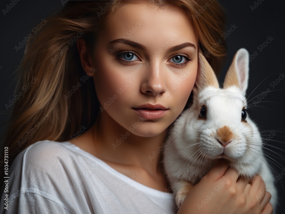 Portrait of young woman with rabbit. AI Generative Portrait of young woman with rabbit. AI Generative