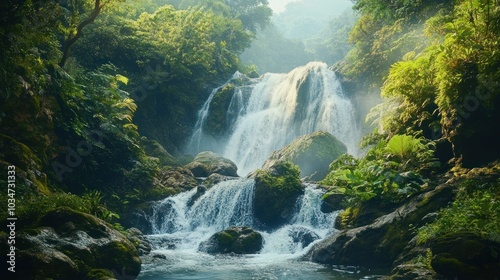 Serene Waterfall in a Lush Rainforest