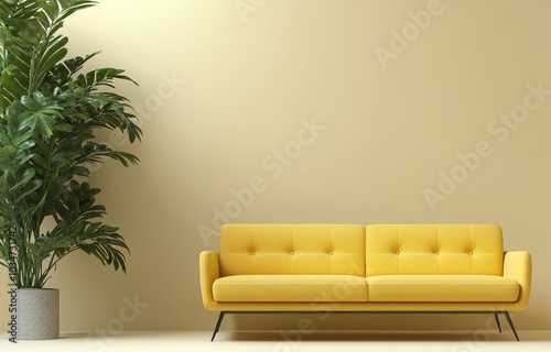 Minimalist living room interior with yellow sofa and potted plant.