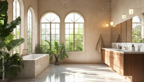 A modern bathroom with a freestanding bathtub, wooden cabinets, and large windows overlooking a lush garden.