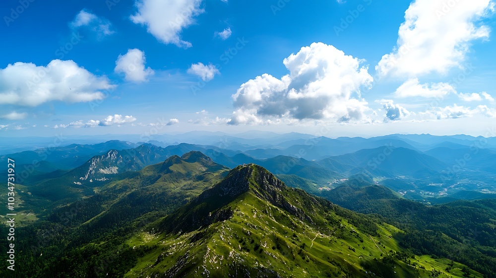 Naklejka premium Aerial View of Lush Green Mountains and Clouds