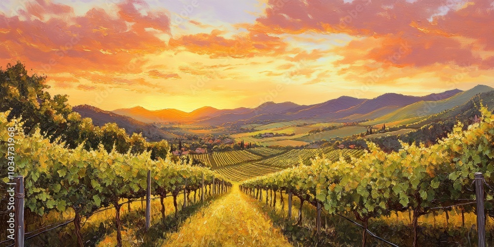Vineyard path leading to mountain sunset. Vineyard path leading to mountain sunset.